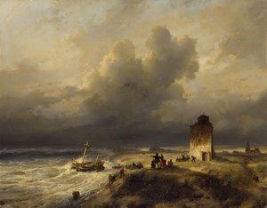 De stranding van een schip te Scheveningen bij stormachtig weer door Andreas Schelfhout