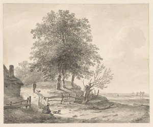 Landschap met een huisje op een heuvel door Andreas Schelfhout