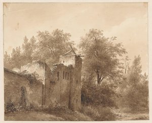 Ruïne in een landschap door Andreas Schelfhout