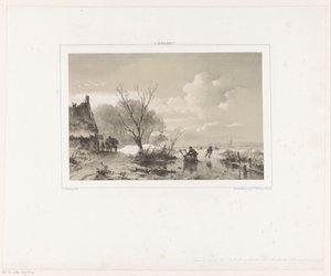 Schaatsers en man met slee op bevroren rivier door Andreas Schelfhout