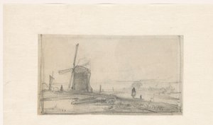 Schets van een landschap met links een molen door Andreas Schelfhout