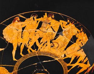 De Trojaanse helden strijden om de wapens en het harnas van de gedode Achilles ... door Andreas Schelfhout