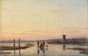 Molen naast een bevroren rivier door Andreas Schelfhout