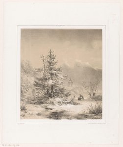 Winterlandschap met naaldbomen en man met slee door Andreas Schelfhout