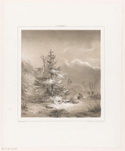 Winterlandschap met naaldbomen en man met slee door Andreas Schelfhout