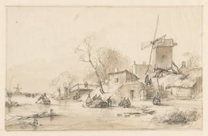 Winterlandschap met rechts een molen en enkele huisjes op een dijk door Andreas Schelfhout