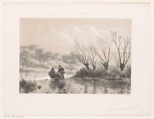 Winterlandschap met twee figuren op het ijs door Andreas Schelfhout