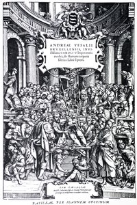 Titelpagina van de tweede editie van De Humani Corporis Fabrica, Plaat 3, 1555 door Andreas Vesalius