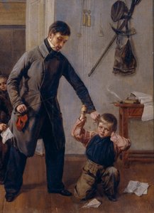 Op school. Een meester van een plattelandsschool pakt een jongen bij zijn oor, in het klaslokaal waar andere jongens kattenkwaad uithalen en grimassen trekken. Detail