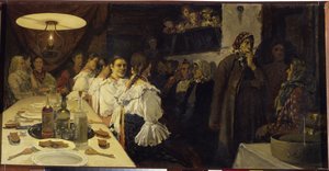 Wachten op de terugkeer van het bruidspaar uit een kerk in de provincie Novgorod door Andrei Petrovich Ryabushkin