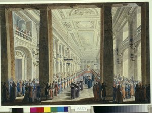 Feest gegeven door keizerin Catharina II van Rusland (1729-1796) in het Winterpaleis van Sint-Petersburg ter ere van de Turkse ambassadeur. door Andrei Voronikhine