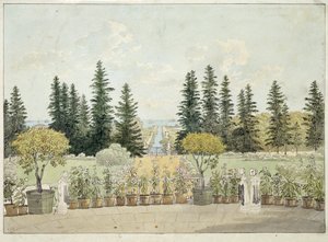 Uitzicht vanaf het terras van het Oranienbaum-paleis in Lomonossov door Andrei Yefimovich Martynov