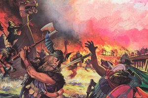 Parijs aangevallen door de Vikingen (kleurenlitho)