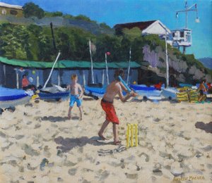 Cricket en gele stokken, Abersoch door Andrew Macara