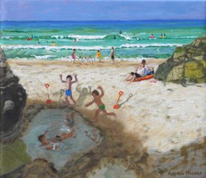 Plezier in het zeebad, St Ives, 2024 (olieverf op doek) door Andrew Macara