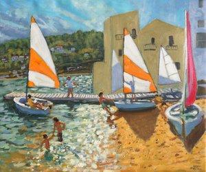 Boten te water laten, Calella de Palafrugell, Spanje
