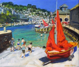Spelen in de haven, Looe, Cornwall, 2012 (olieverf op doek) door Andrew Macara