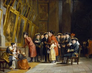 Een bijeenkomst van veteranen van het Britse leger en de marine, die dienden onder Horatio Nelson (1758-1805): Chelsea bewoners (gekleed in rood) en Greenwich Hospital (gekleed in blauw) bezoeken de marineschilderijgalerij in Greenwich Hospital
