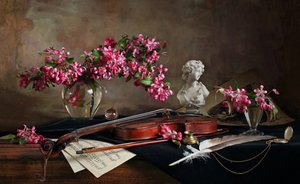 Vioolstilleven met bloesems