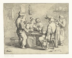 Drie boeren en een vrouw aan een tafel in een bordeel door Andries Both