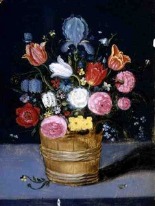 Stilleven van bloemen in een houten kuip