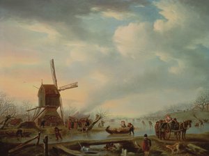 Een uitgestrekt winterlandschap met schaatsende figuren