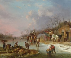 Nederlandse Boeren op een bevroren rivier door Andries Vermeulen