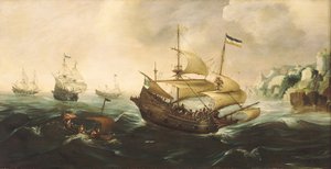Nederlandse schepen op weg naar een rotsachtige kust