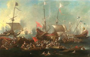 De slag bij Lepanto - Een zeeslag tussen christenen en Barbarijse zeerovers door Andries van Eertvelt