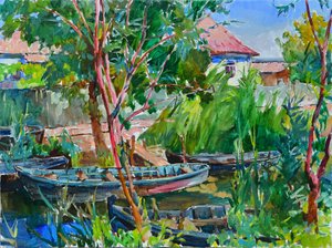 Rustige rivierboten door Andrii Kutsachenko