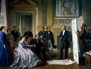 De architect presenteert de nieuwe plannen voor het Louvre aan Napoleon III en Eugenie door Ange Tissier