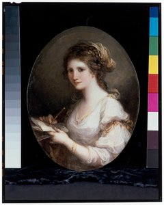 Vermoedelijk zelfportret in de gedaante van poëzie, in een witte jurk, met een pen en papier door Angelica Kauffman