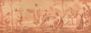 Een Fries: Mannen die Bomen Planten, Vrouwen die Bloemen Verzamelen en Bloemen Water Geven door Angelica Kauffmann