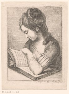 Lezende jonge vrouw aan een tafel, haar elleboog rustend op een boek door Angelica Kauffmann