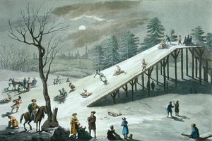 Sneeuwglijbaan in een Russisch openbaar park, begin 19e eeuw (gekleurde gravure) door Angelo Biasioli