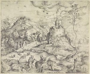 Landschap met Mercurius die de kudde van Apollo steelt door Angelo Falconetto