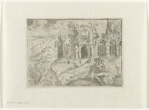 Landschap met oude man met zeis door Angelo Falconetto