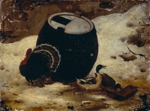 Dieren en een vat in de sneeuw door Angelo Inganni