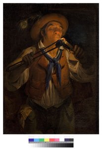 Boer die een kaars aansteekt met een gloeiende kool door Angelo Inganni