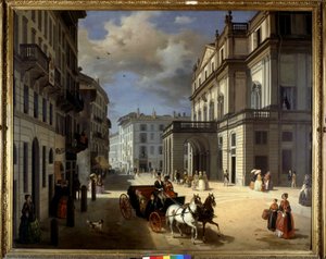 Voorstelling van de Plaza de la Scala in Milaan door Angelo Inganni. 19e eeuw. Pinacoteca di Brera, Milaan.