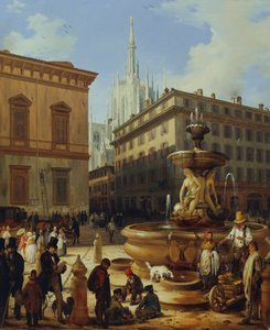 Straatbeeld uit Milaan, op de achtergrond de kathedraal door Angelo Inganni