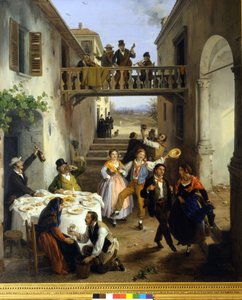 Bruiloftsmaal in de binnenplaats. Schilderij door Angelo Inganni