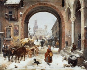 Wintermarkt voor de Abdij van Clairvaux door Angelo Inganni