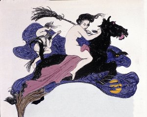 Heksen die door de lucht bewegen. Illustratie door Angelo Jank (1868-1940) voor Jugend