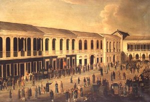 Een uitzicht op de Hongs aan de waterkant van Canton, ca. 1825 door Anglo Chinese School