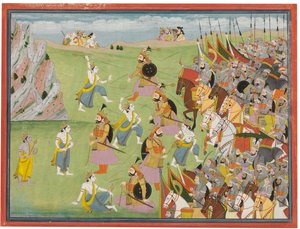 Een schilderij uit de Mahabharata: Balabhadra vecht tegen Jarasandha, Kangra of Garhwal, ca. 1810-20