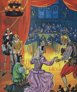 Een opvoering van Twelfth Night voor koningin Elizabeth I, met Shakespeare luisterend achter het gordijn (kleurenlitho)