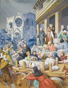 Abt Suger (ca.1081-1151) en de bouw van de abdij van St Denis (gouache op papier) door Angus McBride