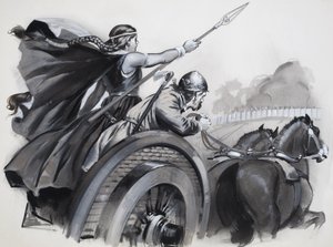 Boadicea zweept de woede van de Britten op tegen hun Romeinse overheersers (gouache op papier)