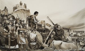 Julius Caesar (100-44 v.Chr.) leidde zijn soldaten over de kleine rivier de Rubicon en rukte op naar Rome (gouache op papier) door Angus McBride